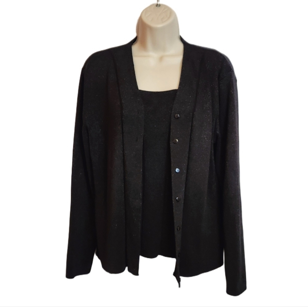 Belldini Black Metallic Silk Blend Cardigan Tank Sweater Set X Large